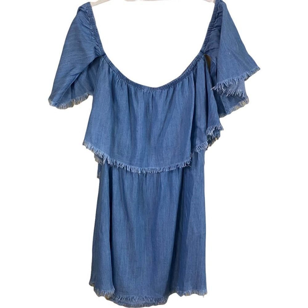 Elan Off -Shoulder Blue Ruffle -Layer Raw Edge Off-Shoulder Mini Dress - Picture 2 of 7